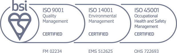 British Standards Institution showing ISO 9001 Quality Management, ISO 14001 Environmental Management, and ISO 45001 Occupational Health and Safety Management